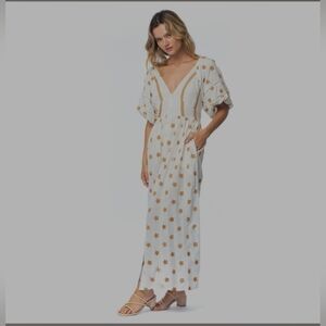 Chic White and Brown Embroidered Long Sleeve Dress